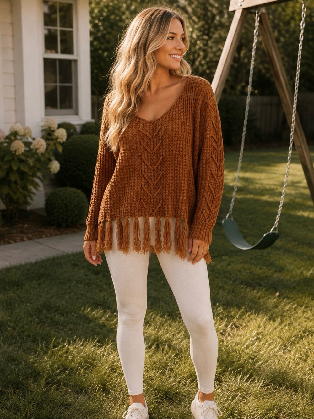 Moon River Rust Fringe-Hem V-Neck Sweater